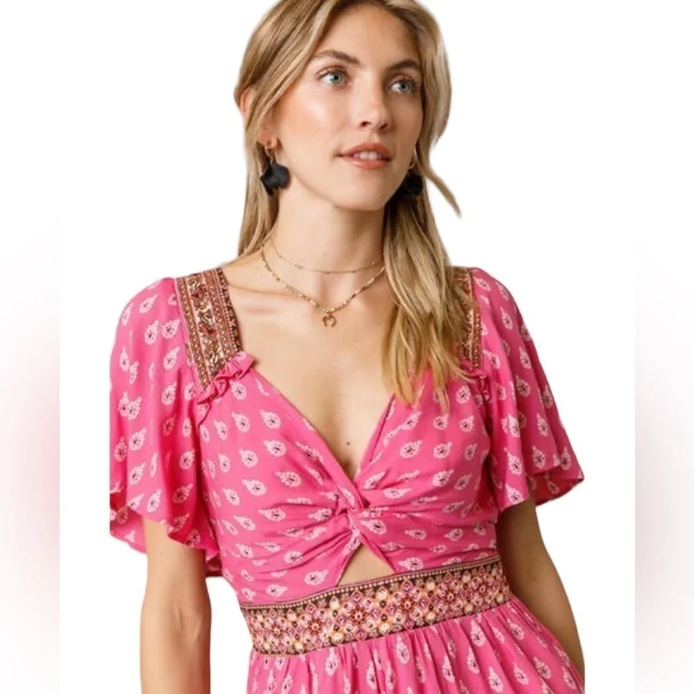 Francesca's Boho Romper Small NEW Cut Out Festival Western Coastal Cowgirl Pink - Picture 4 of 11